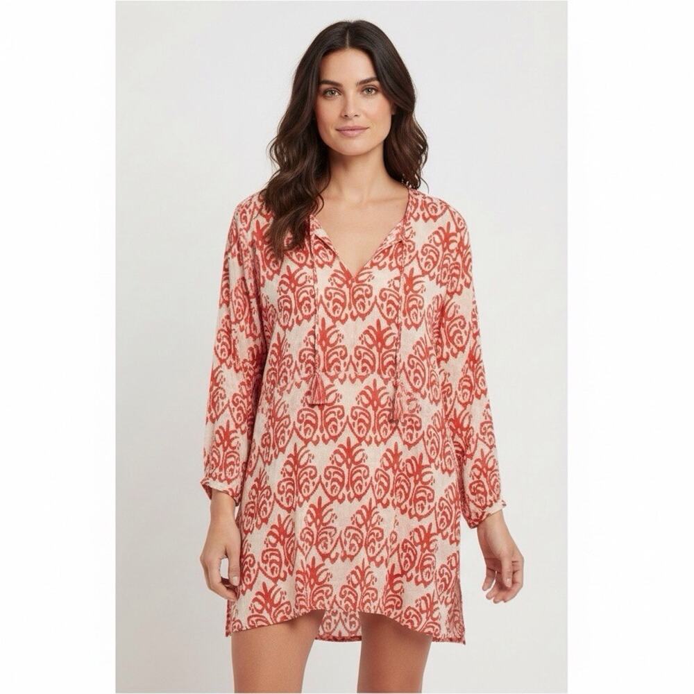 FLORA Rock Flower Paper Sz MEDIUM Pink & White Ikat Print Top Tunic 100% Cotton